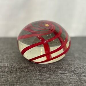 Clear Glass Art Paperweight with Red Swirl